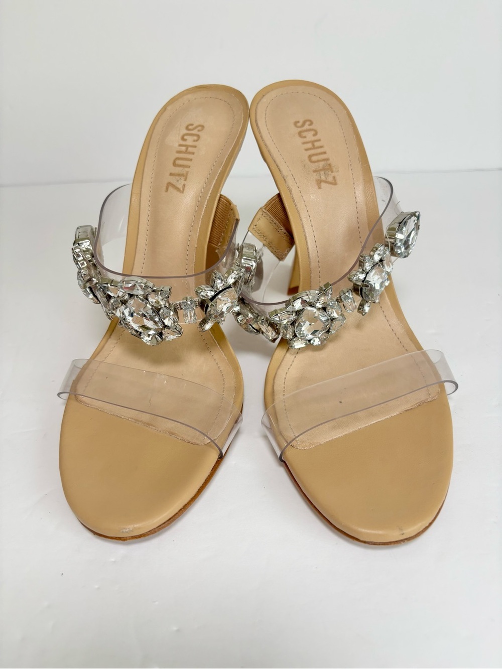 Schutz Laureen Crystal Nude Sandals Block Heel Made in Brazil Size 8.5B - Picture 12 of 13